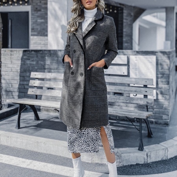 black button plaid trench fall pea coat jacket - Picture 4 of 7